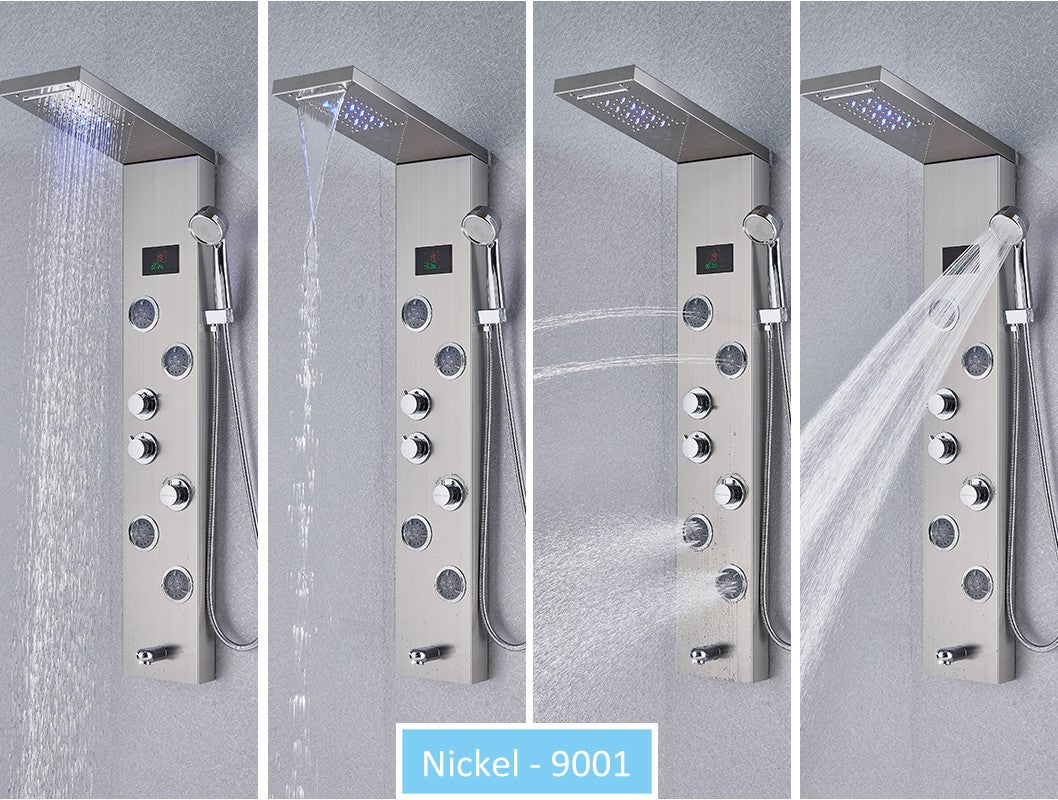 Sistema de Torre de Painel de Chuveiro de LED Coluna de Chuveiro de Cascata de Chuva com Tela LCD de Hidroeletricidade com Torneira de Chuveiro de Spa de Corpo com Massagem