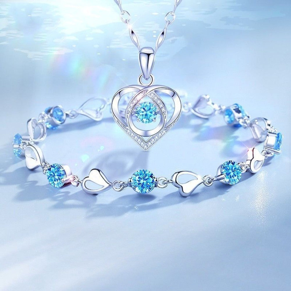 925 Sterling Silver Heart Shaped Necklace Bracelet Set for Women Vintage Korean Crystal Bracelets High Quality Set Party Jewelry