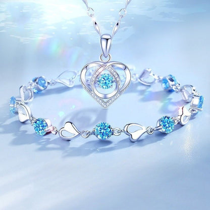 925 Sterling Silver Heart Shaped Necklace Bracelet Set for Women Vintage Korean Crystal Bracelets High Quality Set Party Jewelry