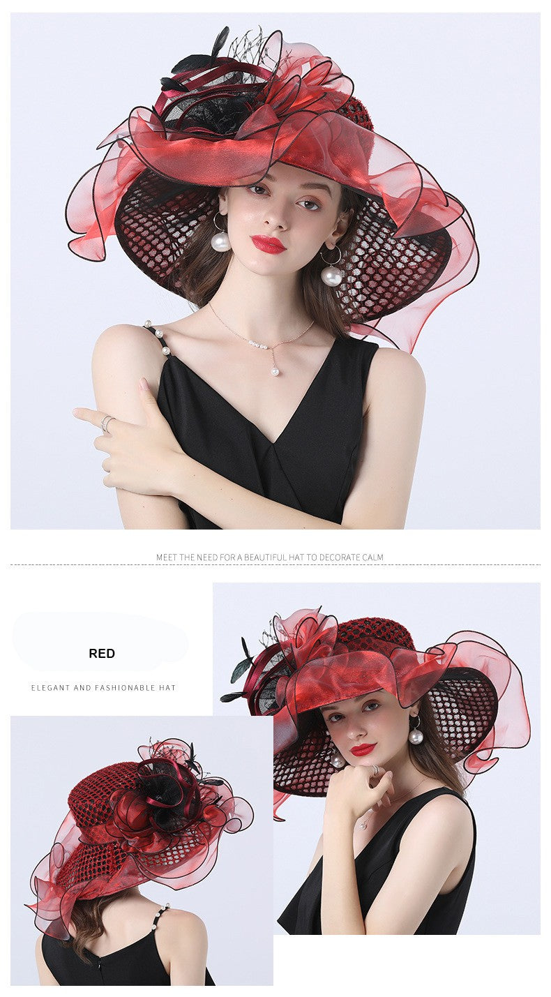 FS Mulheres Organza Vermelha Chapéus Casamento Fascinadores Elegante Grande Aba Larga Fedora Kentucky Derby Chapéus Festa Formal Igreja Chapéu Feminino
