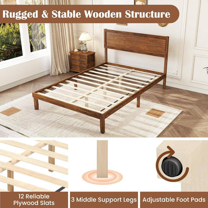 Wood Full Size Bed Frame with Headboard, Mid Century Modern Platform Bed Full with Solid Wood Legs & Wooden Slat Support
