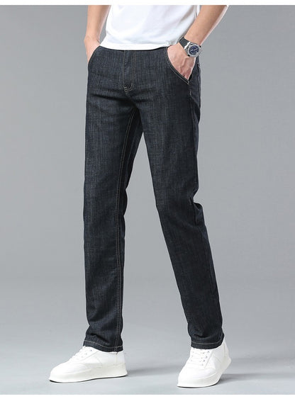 Light Blue Classic Business Casual Cotton Pants Fashion Breathable Denim Elastic Trousers Brand Men's Clothing Straight Jeans