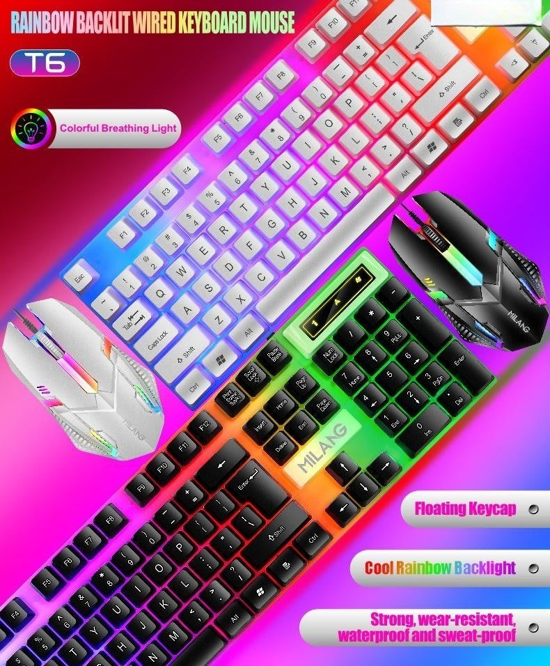 Teclado e Mouse com Fio e Retroiluminação Rainbow, Teclado com Teclas Flutuantes Forte, Resistente ao Desgaste, Sensação Confortável para Escritório Comercial