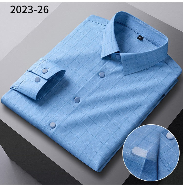 New in shirt elastic plaid casual long sleeve shirts for men slim fit formal shirt fashion easy-care elegants business clothes