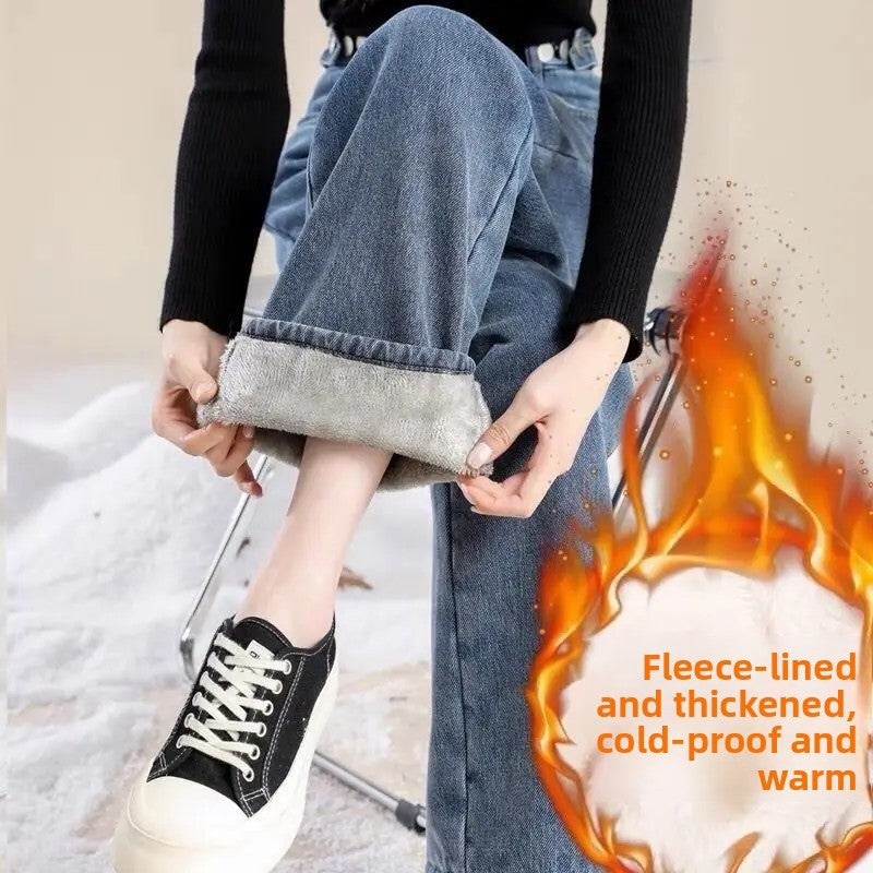 Thickened Fleece Lined Retro Women's Wide Leg Jeans Winter New Style Hong Kong Flavor Small Size Straight Cut Warm Trousers