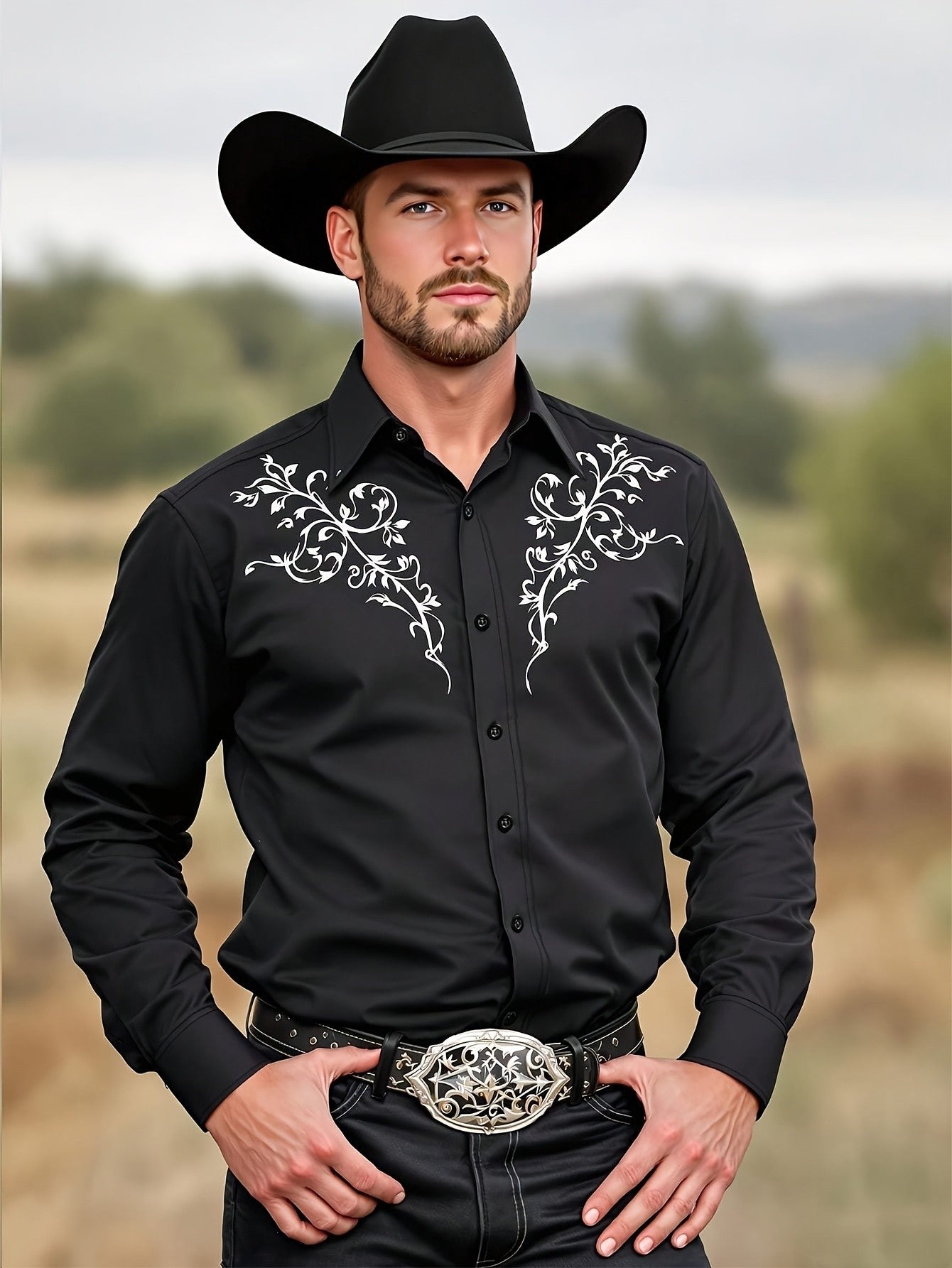 2025 Men's Tribal Pattern Long Sleeve Men'S Black Western Cowboy Shirt Western Event Attire  Stylish Men'S Shirt Slim Fit Shirt
