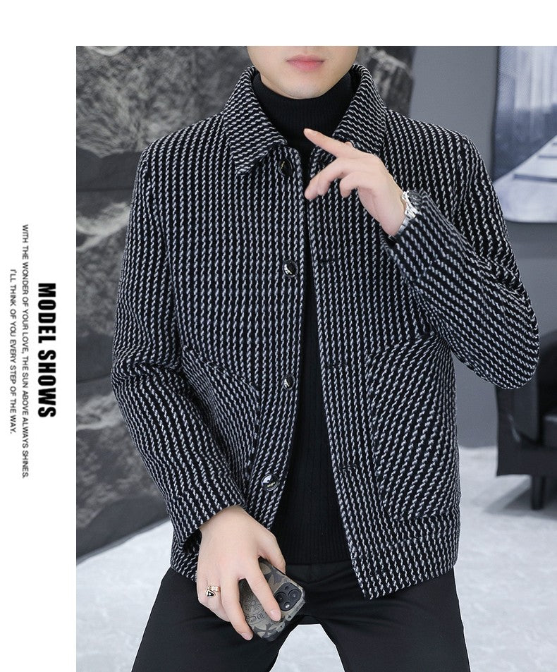 Korean Fashion Woolen Jacket for Men 2023 Winter Plaid Casual Business Trench Coat Slim Social Office Street Wear Short Overcoat