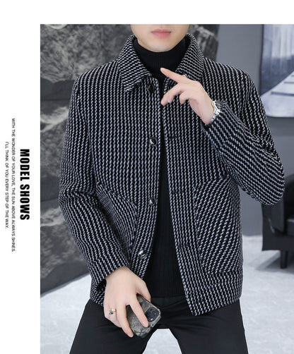 Korean Fashion Woolen Jacket for Men 2023 Winter Plaid Casual Business Trench Coat Slim Social Office Street Wear Short Overcoat