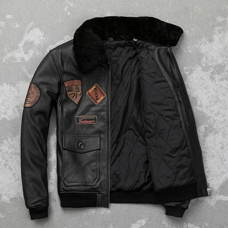 Detachable Natural Fur Collar Genuine Cowhide Men Leather Jacket Patches Flight Air Force Pilot Coat Winter Bomber