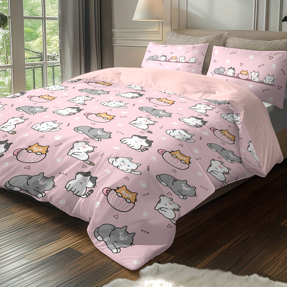 3pcs (1 duvet cover, 2 pillowcases, coreless), pink cute cartoon cat element printed bedding set, soft and comfortable