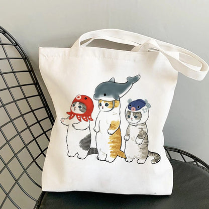 Kawaii Cats Manga Cartoon Reusable Tote Bag Women's High Capacity Versatile Canvas Shoulder Bag, Beach Shopper Handbag