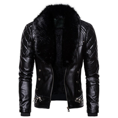New Winter Fleece Motorcycle Leather Jacket Men Turn Down Fur Collar Slim Fit Warm PU Bomber Jackets Coats Mens Moto Biker Coat