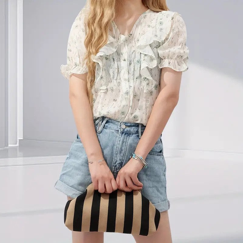 Summer Beach Clutch Bag for Women Woven Crochet Handbags Purses Knitting Dumpling Clutch Ruched Cute Cloud Casual Colorblock Bag