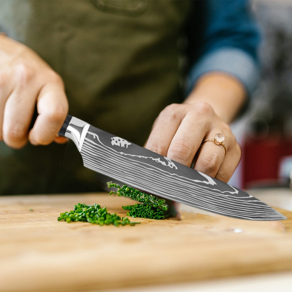 Conjunto de Facas de Chef 1-10 Peças Facas de Cozinha Padrão Damasco a Laser Faca Japonesa Santoku Afiada Cutelo Faca Utilitária para Fatiar