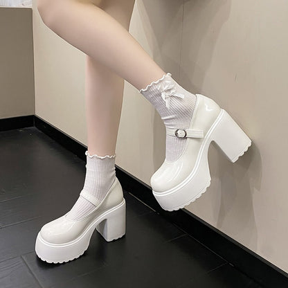 Sapatos femininos com salto plataforma grosso e alto, estilo Mary Jane, em couro PU, fivela no tornozelo, salto grosso, brancos, estilo Lolita, outono 2023