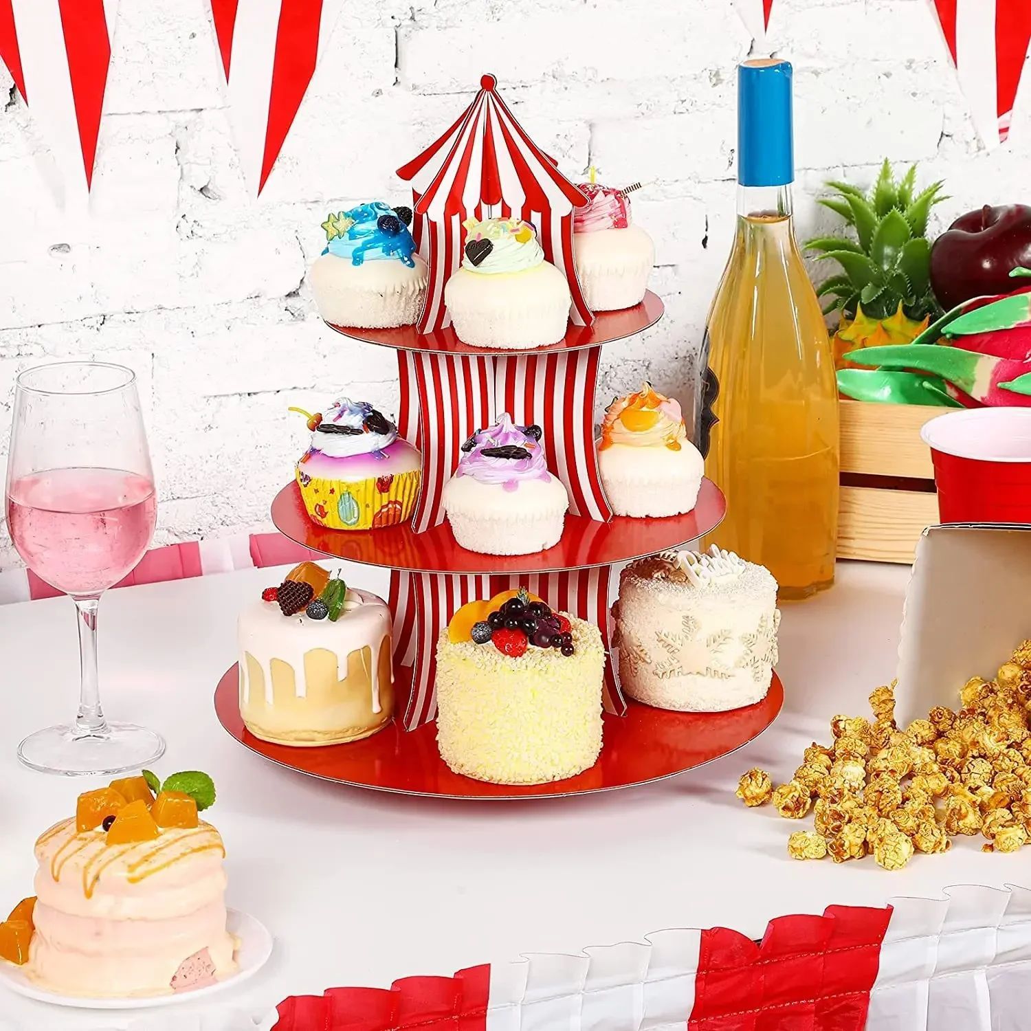 1Set 3 Tier Circus Carnival Paper Cupcake Stand Red Striped Cake Decorating Supplies Dessert Cupcake Stand