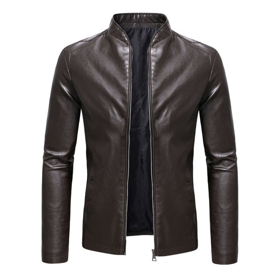 2024 Spring New Men's Business Casual Slim Long-sleeved Pu Leather Jacket Jacket Side Seam Pocket Zipper Solid Color