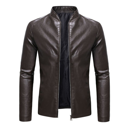2024 Spring New Men's Business Casual Slim Long-sleeved Pu Leather Jacket Jacket Side Seam Pocket Zipper Solid Color