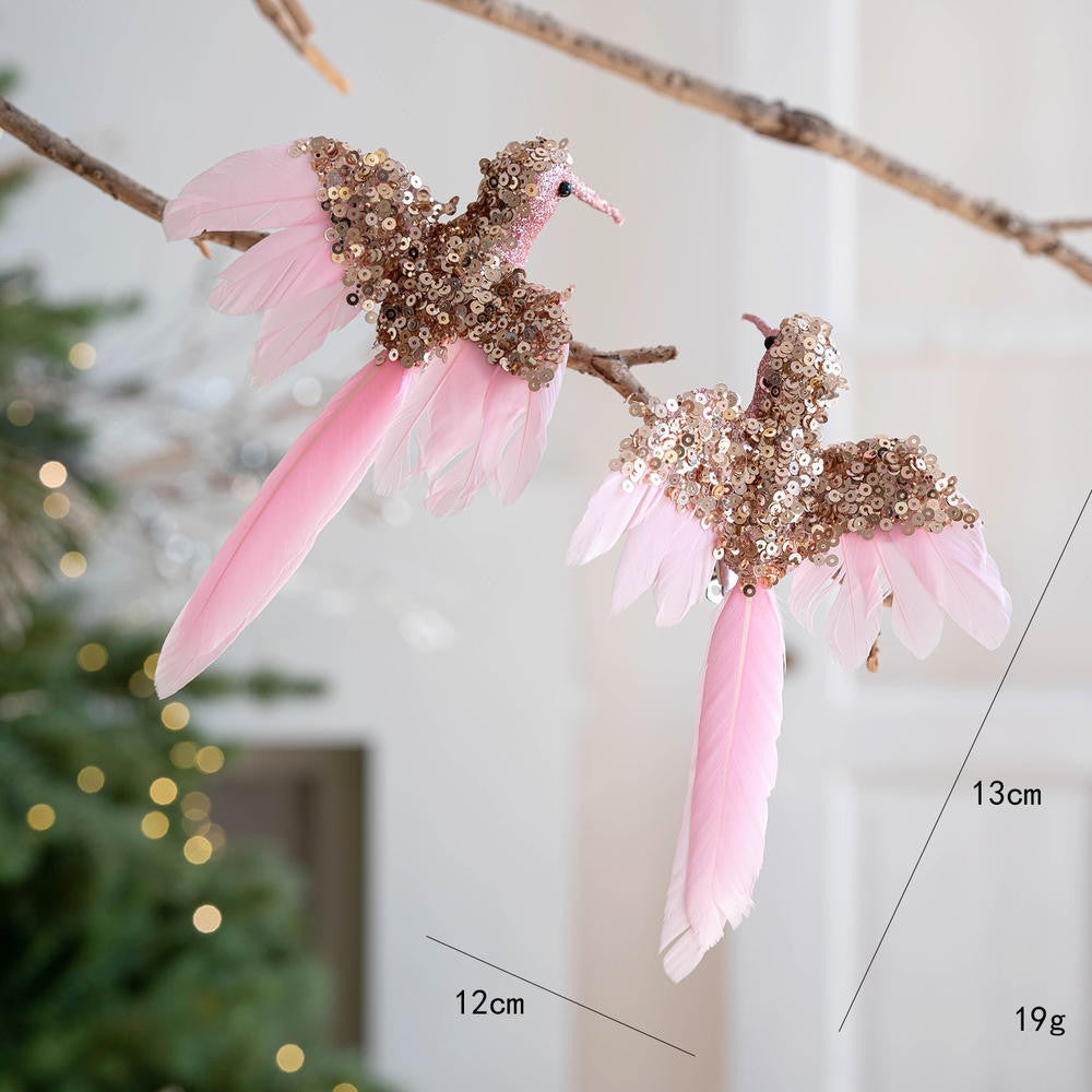 1PC Gold/Silver Artificial Hummingbird Pendant With Feather Glitter Bird Christmas Tree Ornament 2026 New Year Decorations