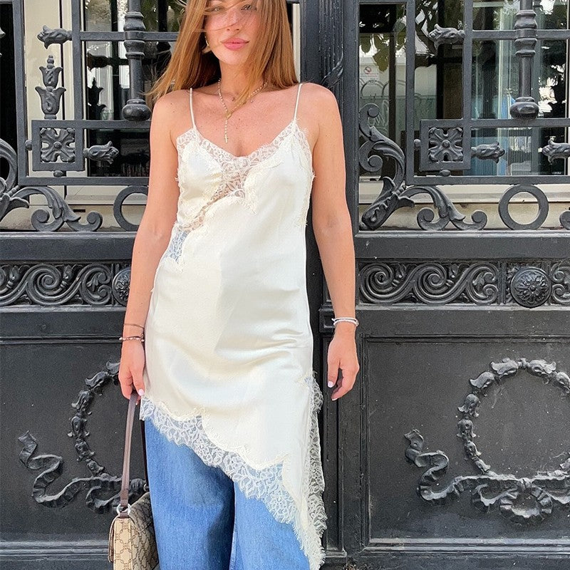 HXAO Female Lace Dress Sleeveless Slip Short Dresses Women Summer Asymmetric Elegant Night Dresses Backless Sexy Evening Dress