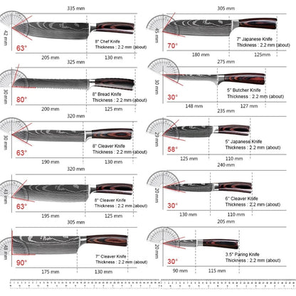 MDHAND Conjunto de Facas de Chef com Padrão de Damasco a Laser de 1 a 10 peças, Fatiador de Carne em Aço Inoxidável, Cutelo com Cabo de Madeira Antiderrapante, Coleção