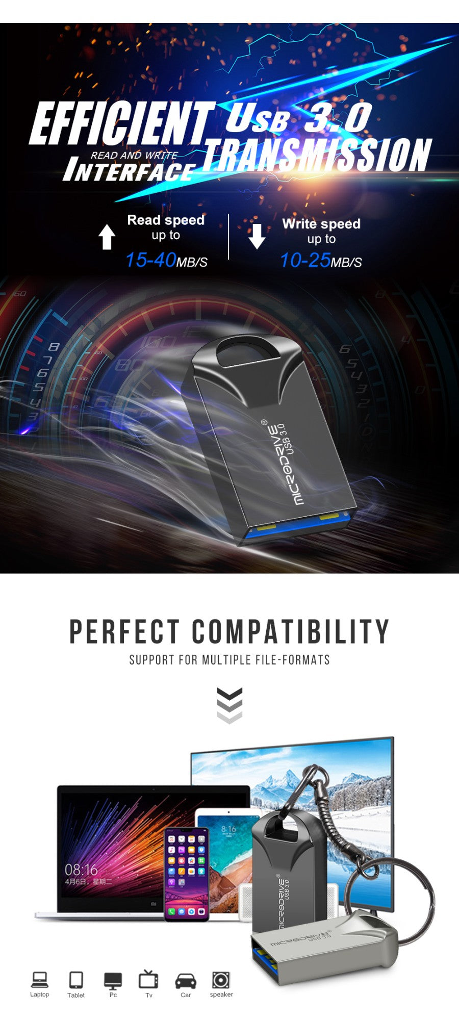 Pen Drive mini USB 3.0 128GB 64GB 32GB 16GB, memória flash de alta velocidade USB3.0, pequeno disco U com chaveiro