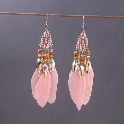 Brincos femininos longos de pena estilo boho, praia, com borla longa, miçangas, flores artesanais esmaltadas, para noiva, casamento, Pendientes Mujer