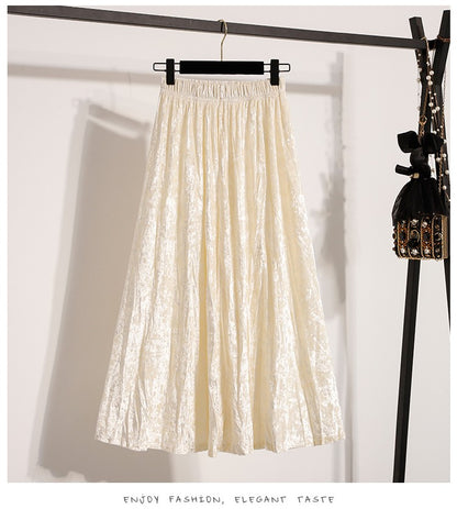 Autumn Winter Girls New A-line Velvet Skirt 2025 Plus Size Gold Velvet Half Pleated Skirt Solid Versatile High Waist Mid Skirt