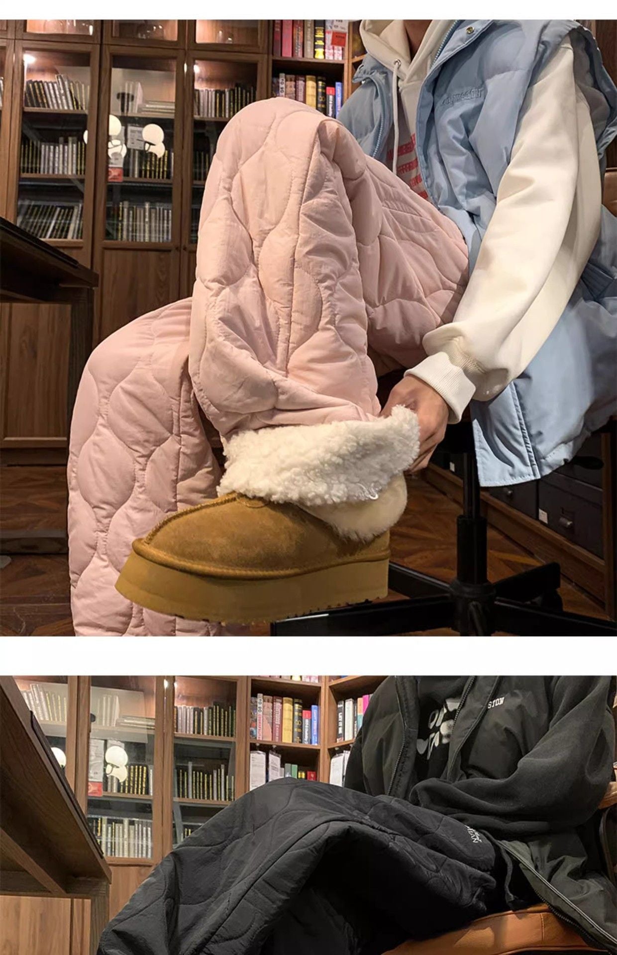 Heavy Winter Cotton Waterproof Splicing Lamb Fleece Cotton Pants for Men and Women, Solid Color Diamond Grid Embroidered Clip Co