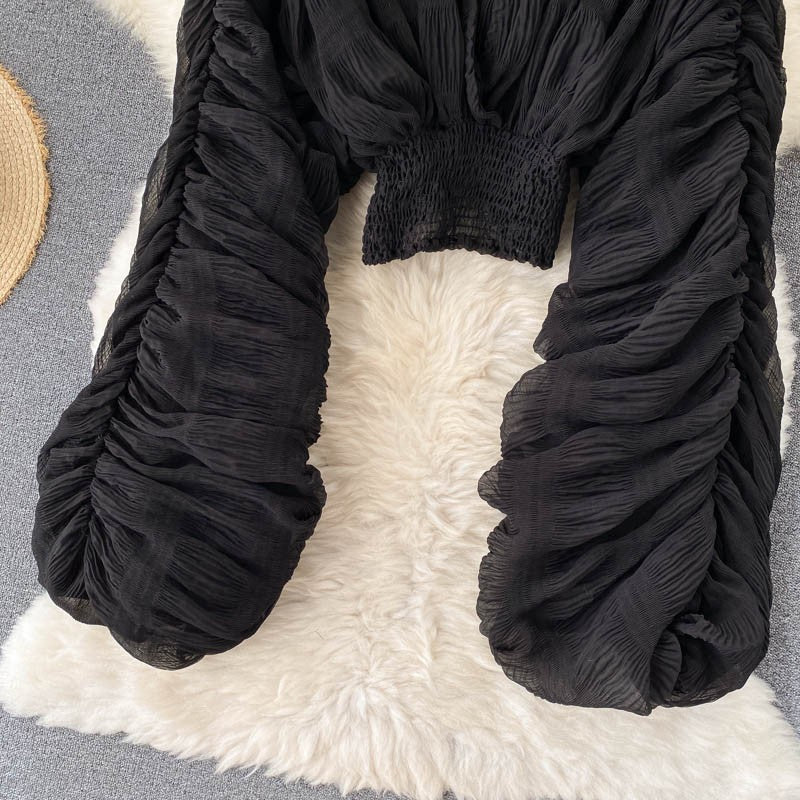 Summer Sexy Draped Chiffon Blouse For Women Elegant V-Neck Puff Long Sleeve Short Tops Female Slim Party Shirts 2022 New Fashion