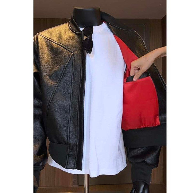 American Trend Retro Crack Leather Versatile Casual Jackets Stand Collar Leather Bomber 2025 Men's Fashion Commuter Leather Coat