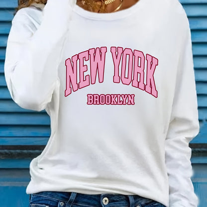 Women's autumn and winter 100% pure cotton fashionable casual Brooklyn New York printed loose round neck long sleeved T-shirt
