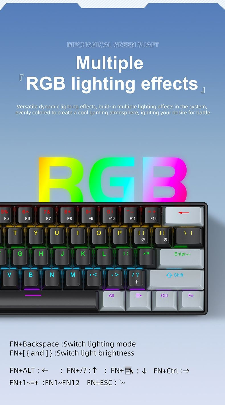 Teclado Mecânico RGB de 61 Teclas com Fio K61 Mini Teclado Portátil 60% Preto, Branco, Switches Vermelho/Azul para Jogos/Trabalho