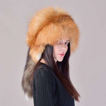 2025 Novo Estilo Chapéu Russo Ushanka de Pele de Raposa Natural Feminino Quente de Inverno Estilo Popular Fofo Boné Feminino com Cauda de Pele Real da Moda