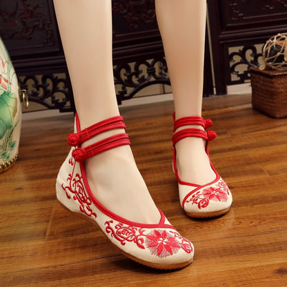 Veowalk Sunflower Embroidered Women Canvas Ballet Flats Ankle Strap Ladies Casual Cotton Chinese Embroidery Ballerina Shoes
