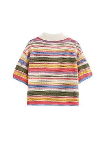 TRZA-Women's Striped Crochet Knit Crop Sweater, Polo Collar, Short Sleeve, Button-up, Female Outerwear, Chic Tops, Fashion