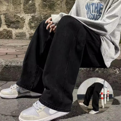 Calça Jeans Masculina Coreana Versão Estudantil Casual Calça Reta Solta Perna Larga Jeans Preto Cinza Azul Jeans Baggy