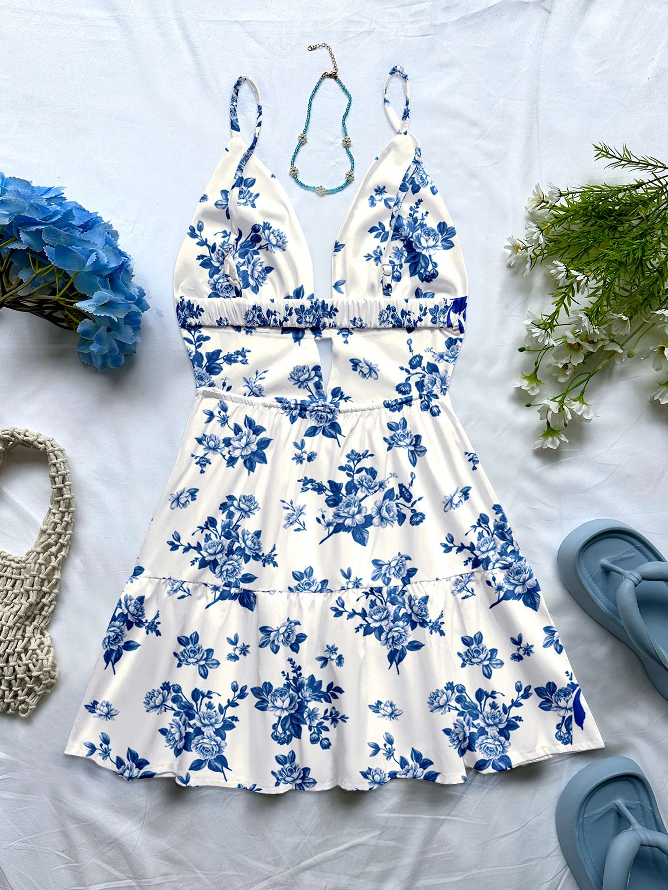 women's spring/summer new brand special sale beach tropical vacation outfits ethnic style blue flower print slim fit short dress