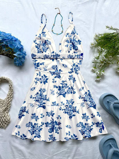 women's spring/summer new brand special sale beach tropical vacation outfits ethnic style blue flower print slim fit short dress