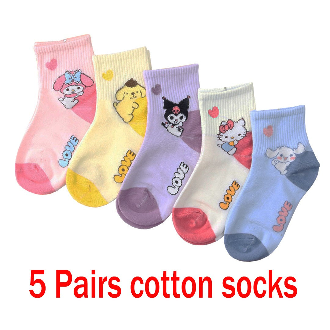 5 pares de meias de algodão de cano médio Kawaii Sanrio Cinnamoroll Kuromi para meninas e meninos, meias de algodão de cano médio de desenho animado para primavera e outono