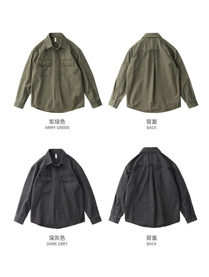 2025 Spring New American Retro Heavyweight Woven Cargo Shirt Men's Simple 100% Cotton Washed Double Pocket Blousers Loose Caot