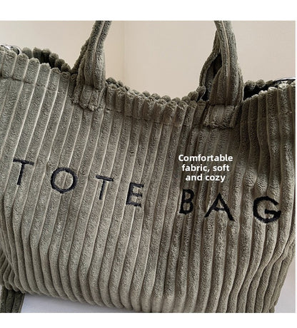Large Capacity Striped Velvet Handbag Shoulder Bag for Woman Handbags Crossbody Bags, Versatile Letter Corduroy Women's Tote Bag