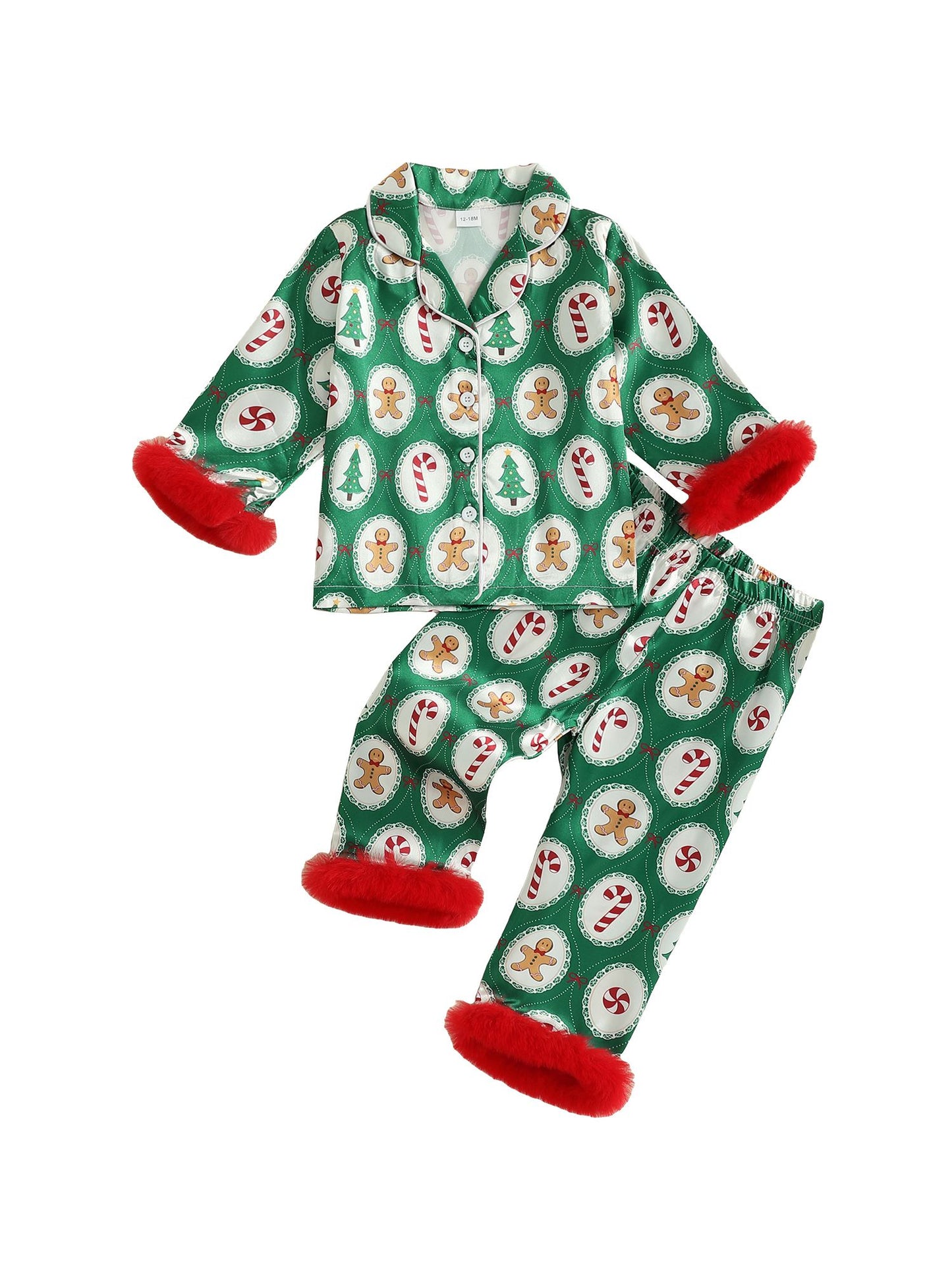 Girls Christmas Satin Pajama Set with Reindeer Print Lapel Long Sleeve Button Down Top and Matching Pants Sleepwear