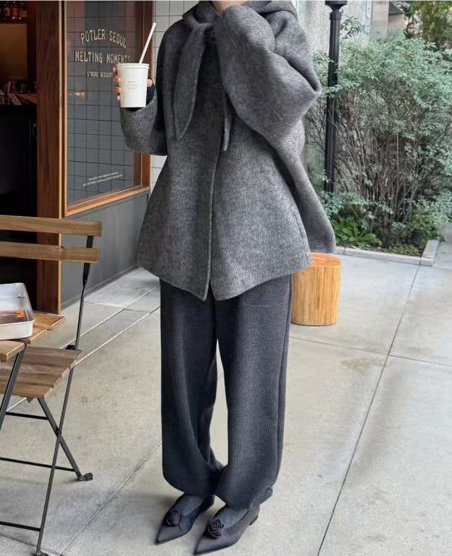 Korean Sle Woolen Coat Women's Chic Temperament Sweet Bow Tie Collar Hooded Warm Woolen Coat Long Sve Mid-Length