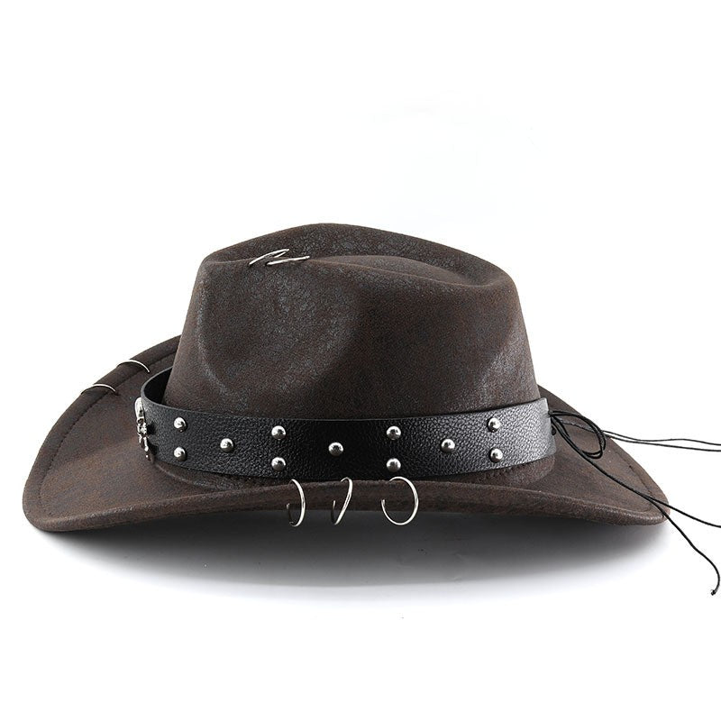 Unisex PU Leather Cowboy Hat - Western Style Panama Skull Belt for Party, Studded Metal Skeleton Festival Accessory