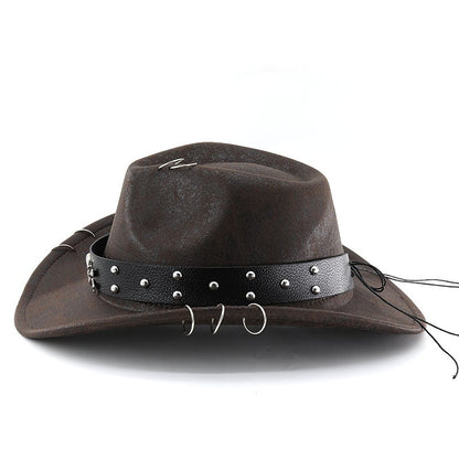 Unisex PU Leather Cowboy Hat - Western Style Panama Skull Belt for Party, Studded Metal Skeleton Festival Accessory