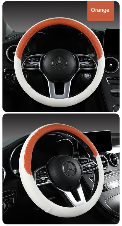 Perforated Nappa Leather Car Steering Wheel Cover Warm in Winter and Cool in Summer, Universal 15 Inch,  Anti-Slip, Odorless