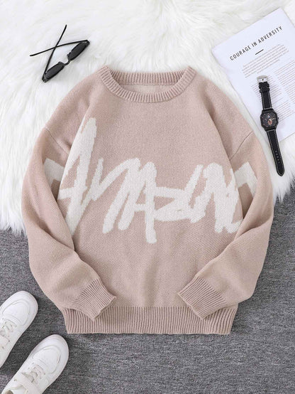 New Popular Spring Autumn Graffiti Jacquard Pattern Pullover Sweater Casual Round Neck Contrast Color Knitted Men's Pullover
