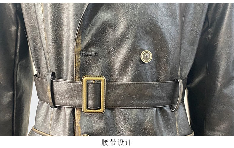 Nerazzurri Spring Autumn Cool Long Waterproof Distressed Black Pu Leather Trench Coat Men Belt Pockets Luxury Designer Clothes