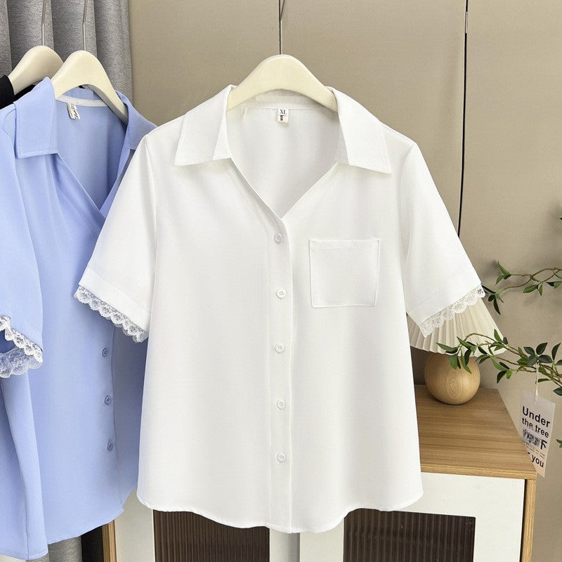 Plus Size Women's Summer New Style Lace Sleeve V-Neck Short Sleeve Shirt Fresh And Elegant Fashionable Blouse Polyester Fabric
